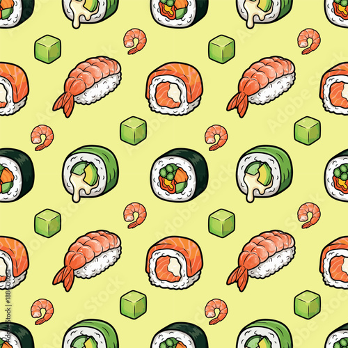 Japanese food pattern background, sushi sashimi ramen cute icon seamless pattern. Sushi roll japan street fast food with seafood and rice salmon and cheese vector