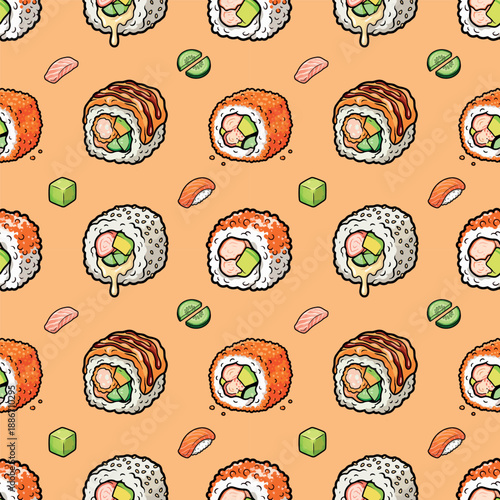 Japanese food pattern background, sushi sashimi ramen cute icon seamless pattern. Sushi roll japan street fast food with seafood and rice salmon and cheese vector