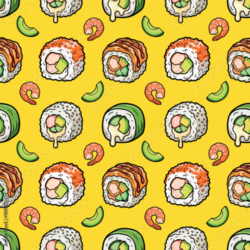 Japanese food pattern background, sushi sashimi ramen cute icon seamless pattern. Sushi roll japan street fast food with seafood and rice salmon and cheese vector