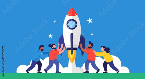 Business Professionals Launching Rocket Ship Together in a Teamwork Effort