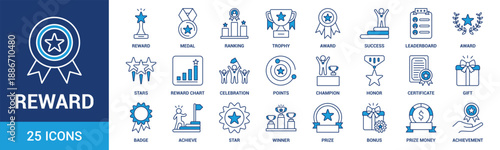 Reward icon set. Containing reward, medal, ranking, trophy, award, success and more. Blue vector icons collection.