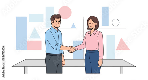 Business professionals shaking hands over a table with graphs and charts in the background, B (85).eps