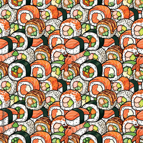 Japanese food pattern background, sushi sashimi ramen cute icon seamless pattern. Sushi roll japan street fast food with seafood and rice salmon and cheese vector