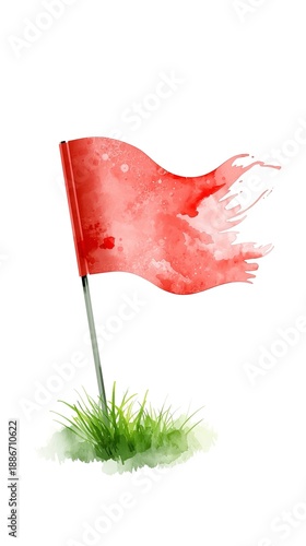Vibrant red flag waving in green grass with a watercolor effect