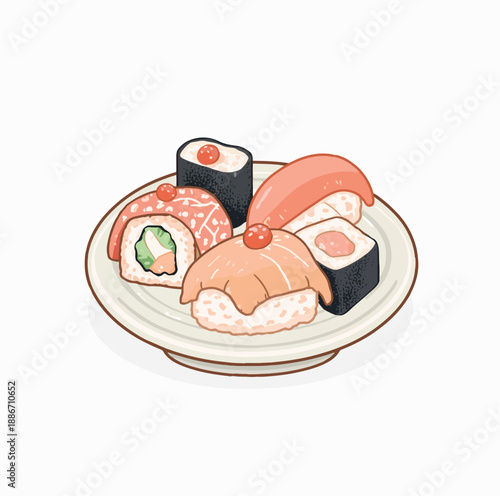 Cute illustration of assorted sushi rolls and nigiri on a small ceramic plate created with generative ai