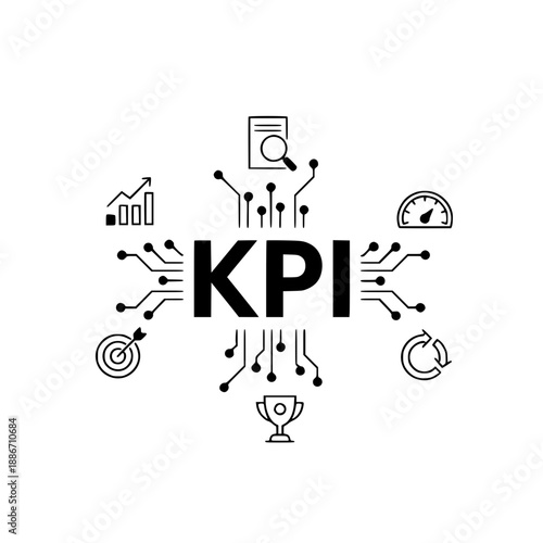 KPI concept illustration with business icons – black and white line art