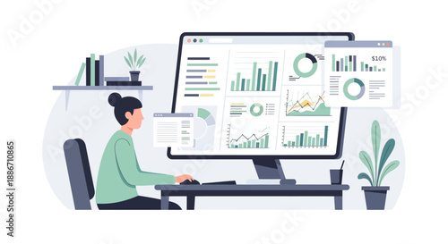 Business professional analyzing market trends on computer with charts and graphs displayed on screen in a modern office environment