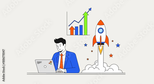 Business professional working on laptop with rocket launch graph and charts floating above