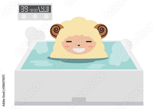 かわいい家のお風呂でくつろぐ干支の羊のイラスト素材