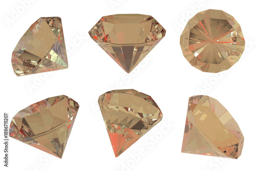 Unique set of sparkling faceted luxury citrine amber diamonds. Round-shaped gem displayed in different angles. Brilliant cut gemstone collection, rhinestones closeup. Realistic 3d vector, isolated.