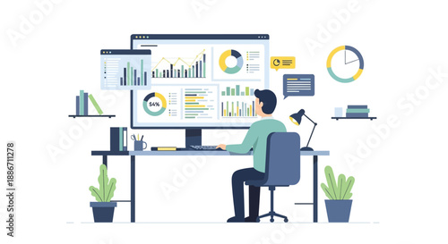 Business professional working efficiently at a desk with multiple computer screens and data visualizations in a modern office environment from a side viewpoint.