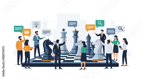 Business professionals collaborating on a giant chessboard strategy with diverse team members discussing and analyzing vector graphics