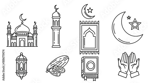 Collection of Islamic icons for Ramadan and Eid celebrations, including mosque, minaret, prayer mat, crescent moon, lantern, dates, and Quran