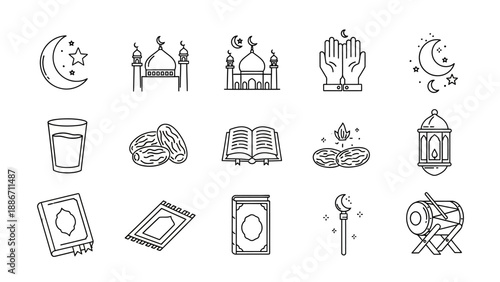 A versatile set of line art icons capturing the essence of the Islamic holy month of Ramadan, featuring mosques, crescent moons, dates, and prayer essentials