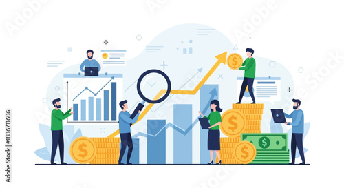 Business Professionals Analyzing Financial Data and Charts with Magnifying Glass and Stacks of Coins in a Modern Office Environment from a Slightly Elevated Viewpoint