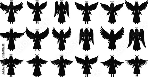 Set of angel silhouettes with wings and halos, heavenly divine spiritual vector icons for Christmas holiday religious design, isolated on white background,