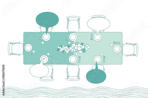 overhead view of a dining table set with plates and glasses for a meal  people talking