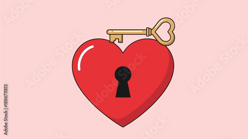 Unlock the secrets of love with a vintage key opening a heart-shaped lock on a soft pink background