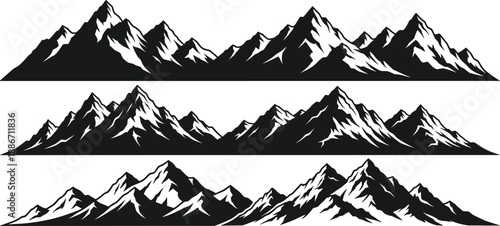 Set of mountain range silhouettes, snowy peak vector illustrations for outdoor adventure design, rocky highlabackgroundSet of mountain range silhouettes, snowy peak vector illus