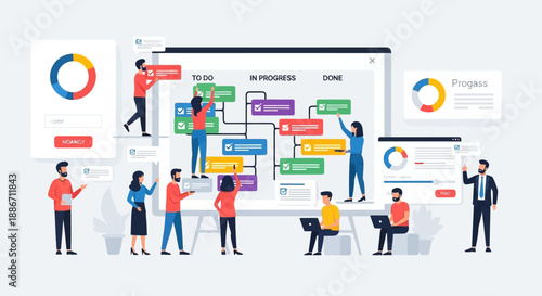 Business professionals collaborating on a project with vector graphics and charts displayed on a large screen in a modern office environment from a front viewpoint