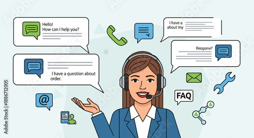 Business customer service representative with headset in a call center environment, vector illustration of communication and support, 2D flat design, top view