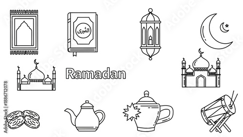 Outline vector illustration set featuring essential religious and cultural symbols, depicting Islamic traditions and spiritual observances for festive periods