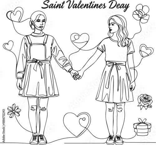 Continuous Line Art  Holding Hands for Saint Valentine’s Day, 