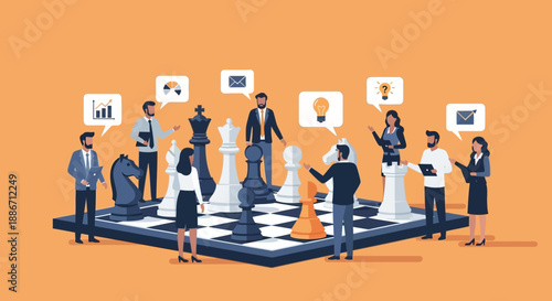 Business professionals strategizing on a giant chessboard with vector illustrations of people interacting and exchanging ideas