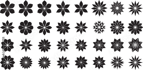 A collection of diverse floral motifs, abstract starbursts, and decorative geometric patterns, showcasing intricate designs and symmetrical arrangements