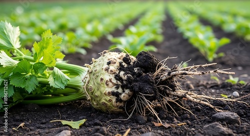 Freshly harvested root vegetable rests on dark soil in an agricultural field
