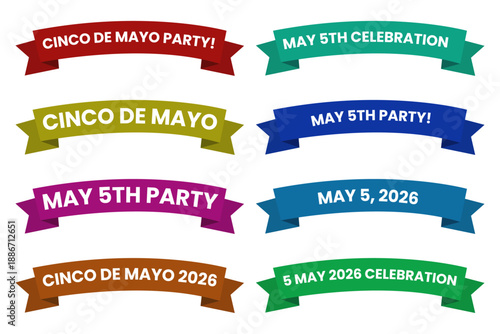 Cinco de Mayo Ribbon Banner Set Vector, May 5th Celebration Labels, Colorful Festive Design