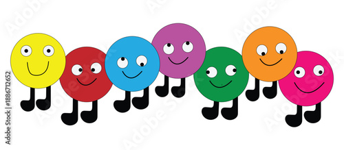 Colorful Cute Cartoon Characters Smiling in a Row Isolated on White Background