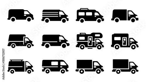 Modern Black Filled Van Vector Icon Set – 12 Minimal Flat Transportation Icons