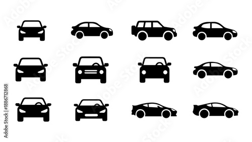 Modern Black Filled Car Vector Icon Set – 12 Minimal Automotive Symbols