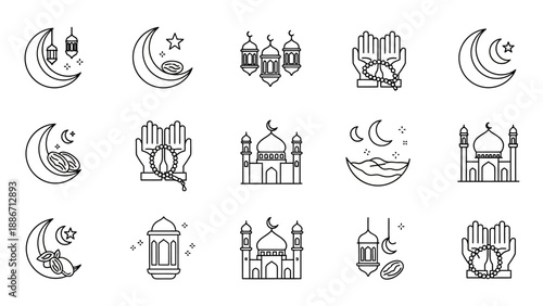Modern Outline Icons of Islamic Traditions and Festive Symbols, Featuring Stylized Mosques, Decorative Lanterns, Celestial Moons, and Sacred Hands, Ideal for Cultural Designs
