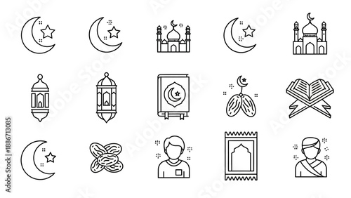 Collection of Islamic Icons Crescent Moon, Mosque, Lantern, Dates, Quran, Prayer Mat, and People Figures
