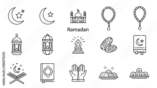 Elegant line art icons capturing the essence of Islamic spiritual traditions, cultural celebrations, and symbolic elements for a sacred period of fasting and prayer