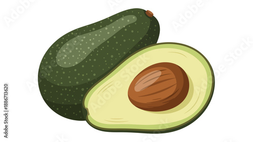 A stylized vector illustration depicts a textured, dark green whole avocado resting behind a sliced half that reveals its smooth, creamy pale yellow flesh and a large, glossy brown pit