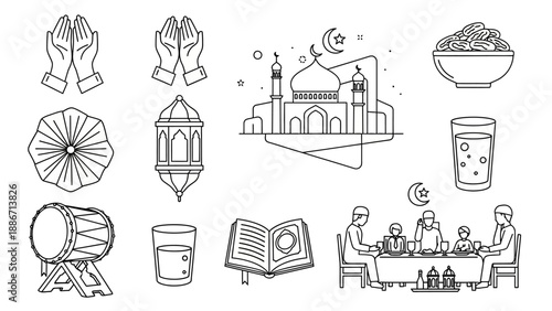 Islamic Icons Collection Ramadan Kareem Elements, Mosque, Prayer, Dates, Quran, and Festive Meals