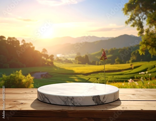 A marble pedestal rests atop a wooden surface, set before a picturesque landscape of rolling hills bathed in golden sunlight