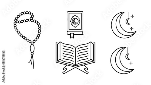 Collection of minimal outline vector icons for Islamic religion and culture, featuring prayer beads, the holy Quran, and crescent moon, symbolizing faith and devotion