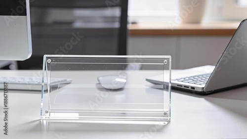 Blank Acrylic Name Plate on Office Desk with Laptop and Monitor.