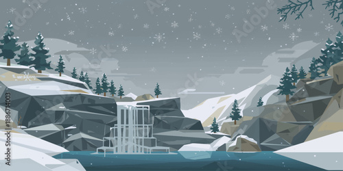 A luxury yacht and white ship sail through winter ice and summer waves across a vast nature landscape of snowy mountains, cold blue lakes, and the open ocean sky