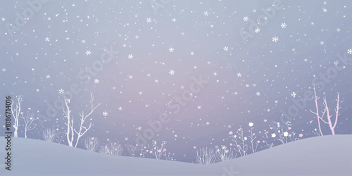 A blue vector illustration of a cold winter landscape featuring a snowy forest with Christmas trees under a night sky for a holiday celebration