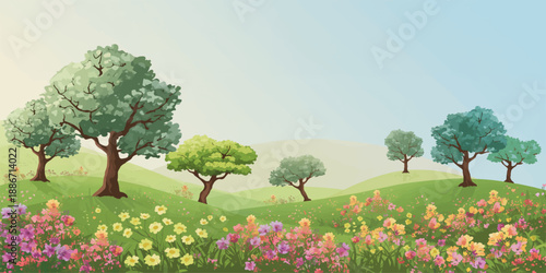 A lonely oak tree stands under a sunny blue sky with clouds in a green spring landscape of rolling hills and rural meadow fields