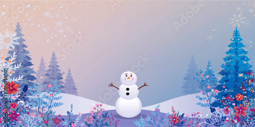 A festive winter landscape illustration featuring a cartoon snowman and rabbit wearing scarves and hats to celebrate the Christmas holiday season in a snowy forest design
