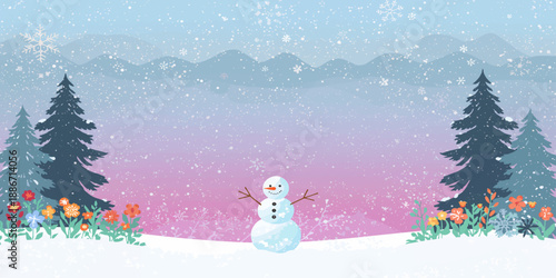 Vector illustration of a cartoon snowman with a deer and Christmas tree in a snowy winter landscape for a holiday greeting card design featuring snowflakes and New Year celebration decorations