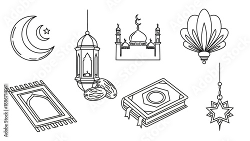 Concept of essential Islamic symbols and cultural elements in a minimalist line art style, perfect for Ramadan and Eid celebrations, isolated vector icon collection