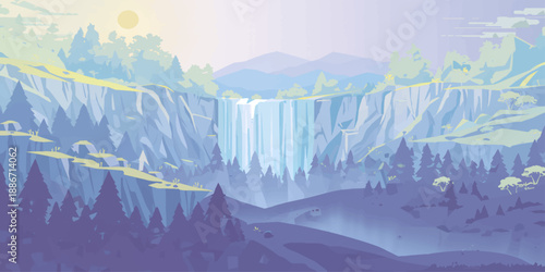 A breathtaking panorama of a snow-capped mountain landscape at sunrise, featuring a misty valley and frozen glacier under a blue winter sky with glowing clouds over the forest