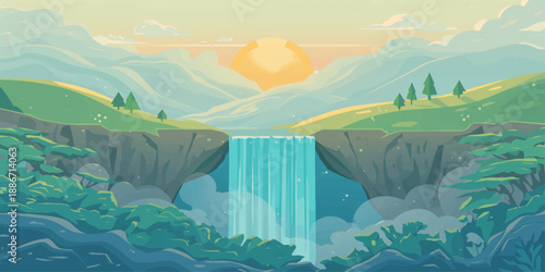 A panoramic summer sunset view of a misty mountain lake and the blue sea where fishes swim beneath a cloudy sky at dawn